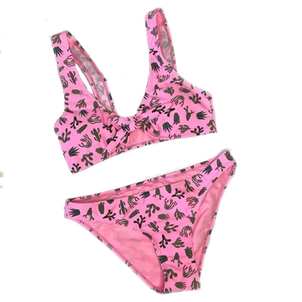 Cabana Del Sol Pink Cactus Leaf Print 2 Piece Bikini Set, S
